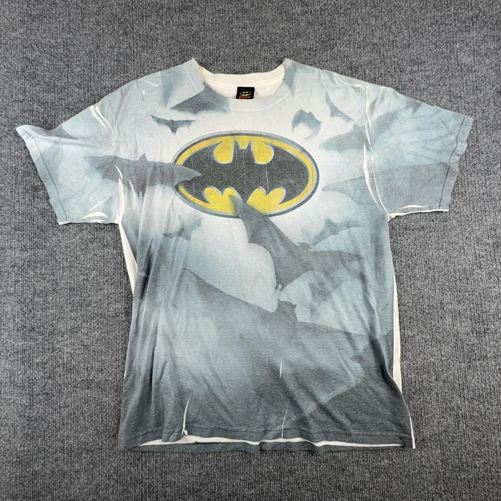 Batman Shirt Mens XL Gray Bat Logo All Over Graphic Jerzees DC‎ Comics Tee